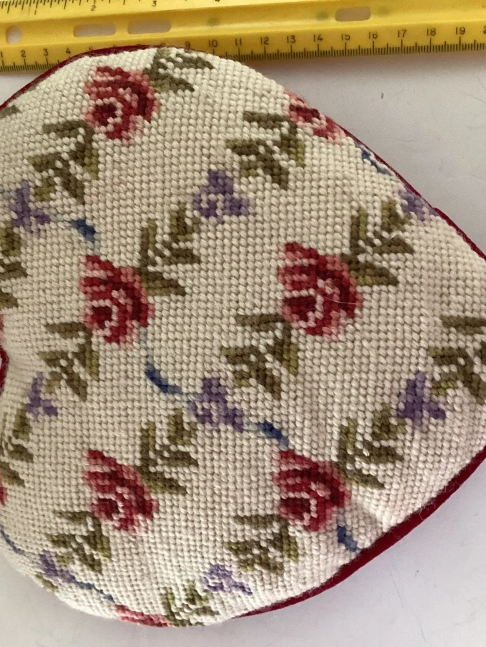 Rose Vine Heart Needlepoint Pillow with Red Velvet Back approx 7 inches